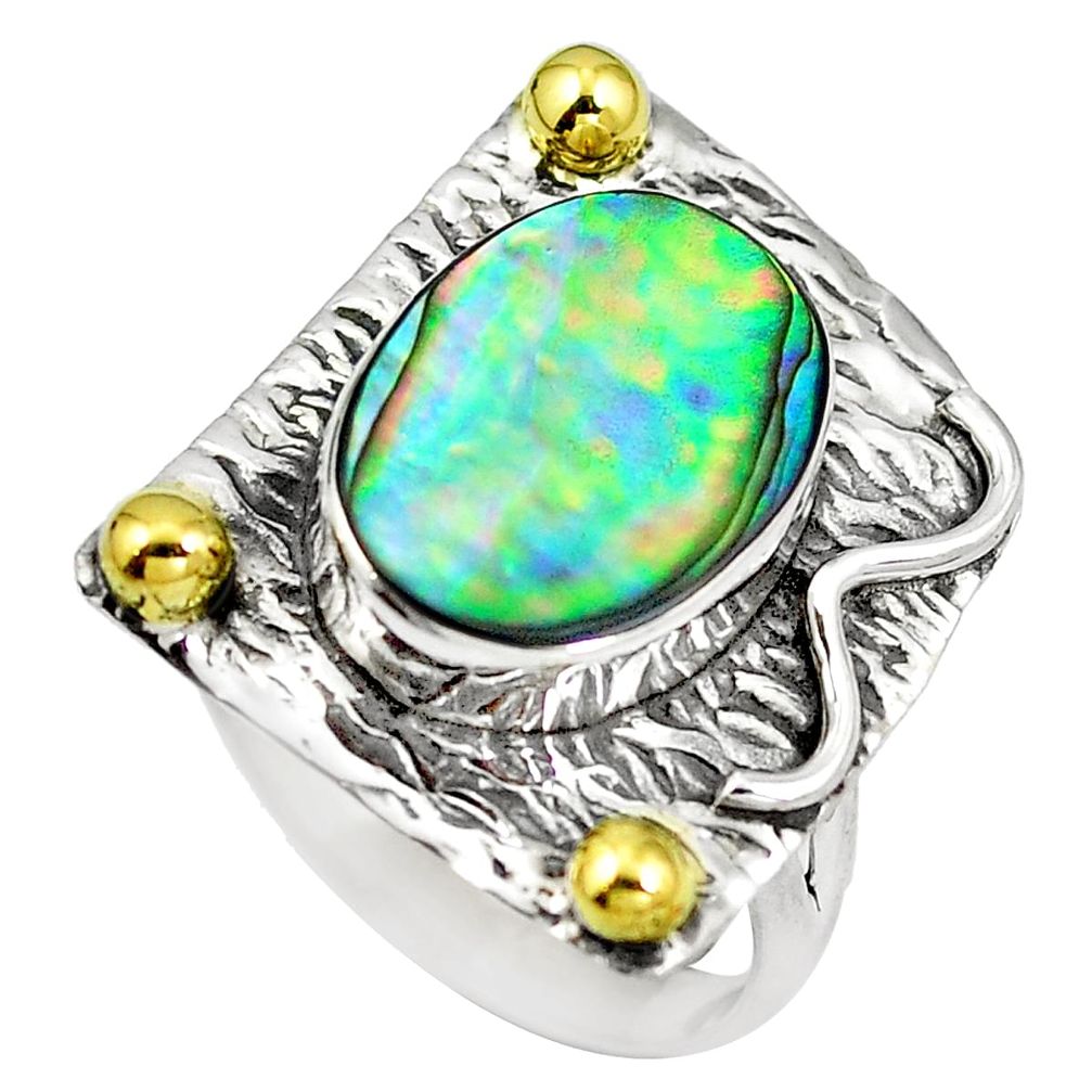 Natural green abalone paua seashell 925 silver 14k gold ring size 8 d29336