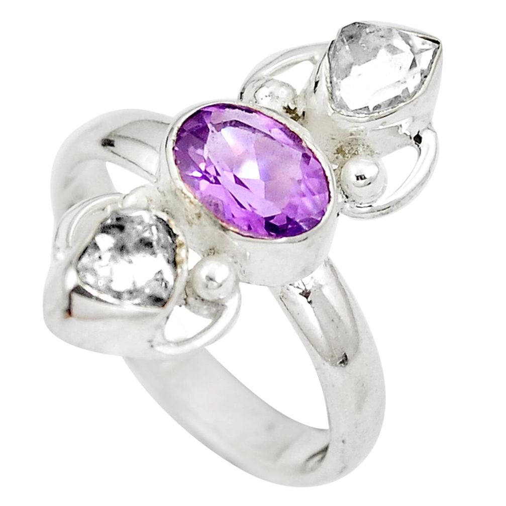Natural white herkimer diamond amethyst 925 silver ring size 7.5 d29350