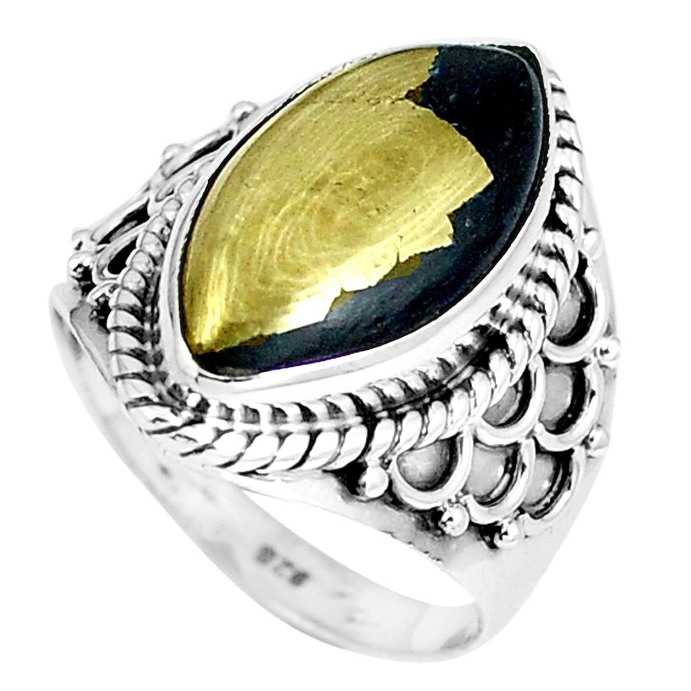 Natural pyrite in magnetite (healer's gold) 925 silver ring size 7 d30507