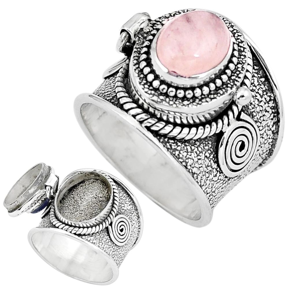 Natural pink morganite 925 silver poison box ring size 6.5 d30552