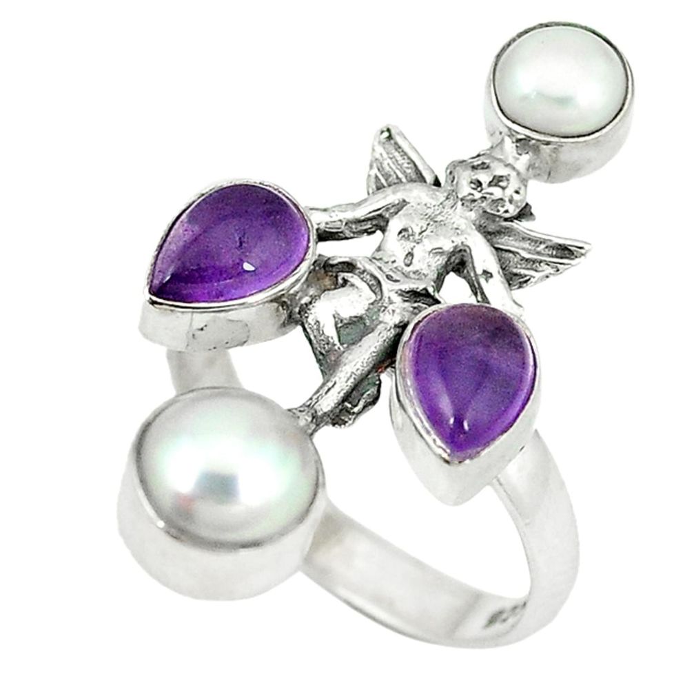 Natural purple amethyst pearl 925 sterling silver angel ring size 8 d4145