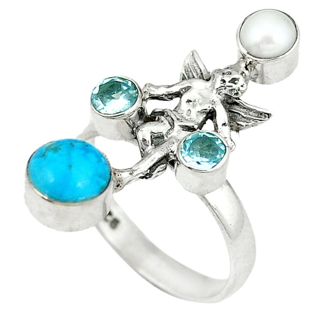 Blue sleeping beauty turquoise topaz pearl 925 silver angel ring size 8 d4148