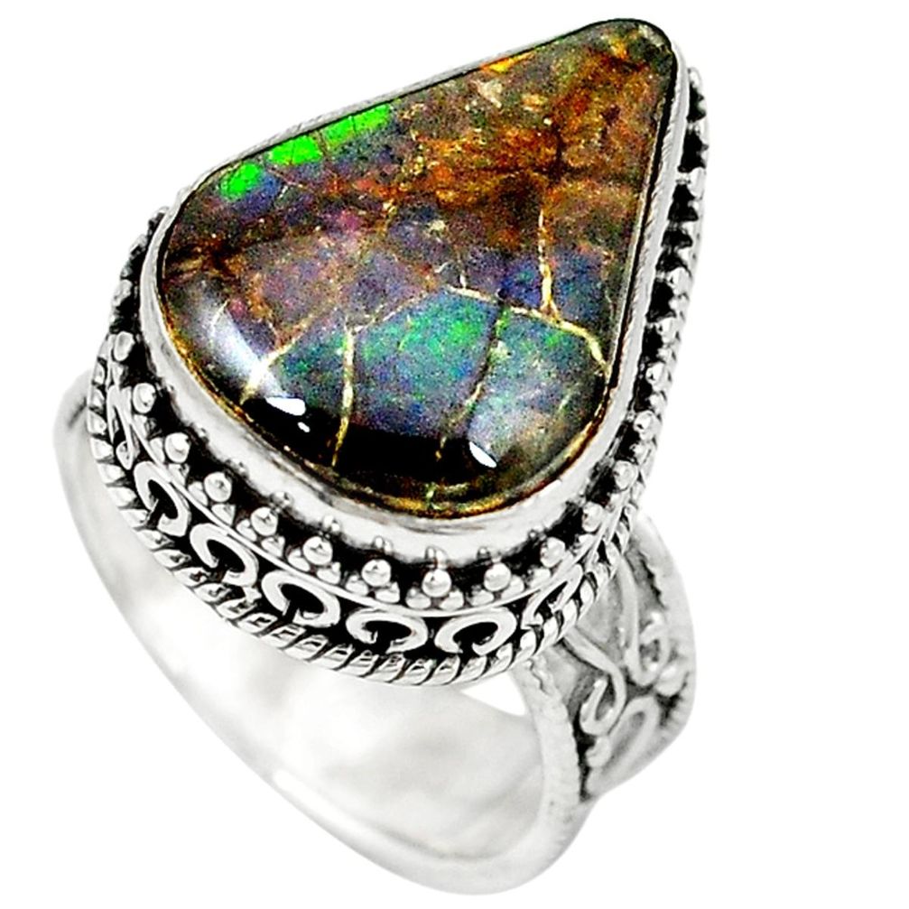 925 silver natural multi color ammolite (canadian) pear ring size 7.5 d4386