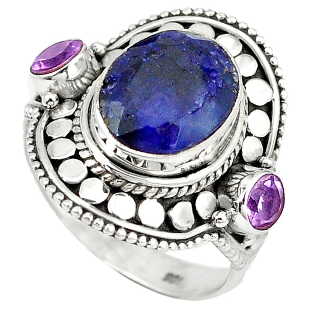 Natural blue sapphire amethyst 925 sterling silver ring size 8.5 d4413