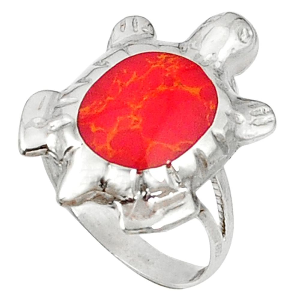 Red sponge coral enamel 925 sterling silver tortoise ring size 7 d5329