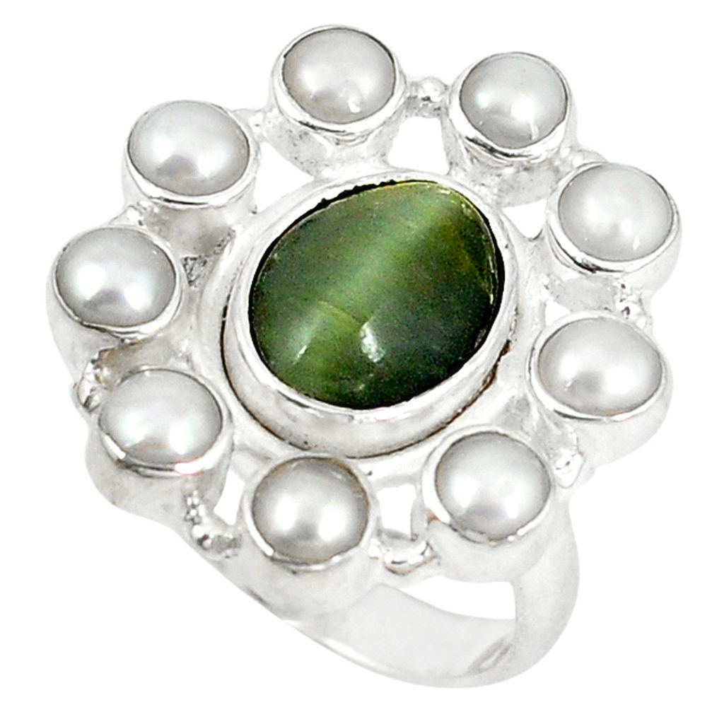 Green cat's eye oval white pearl 925 sterling silver ring jewelry size 7.5 d6032