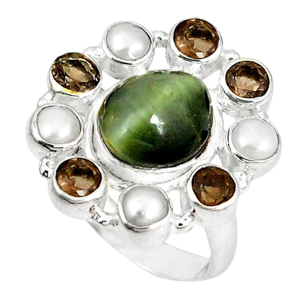 Green cat's eye smoky topaz pearl 925 sterling silver ring size 7.5 d6034