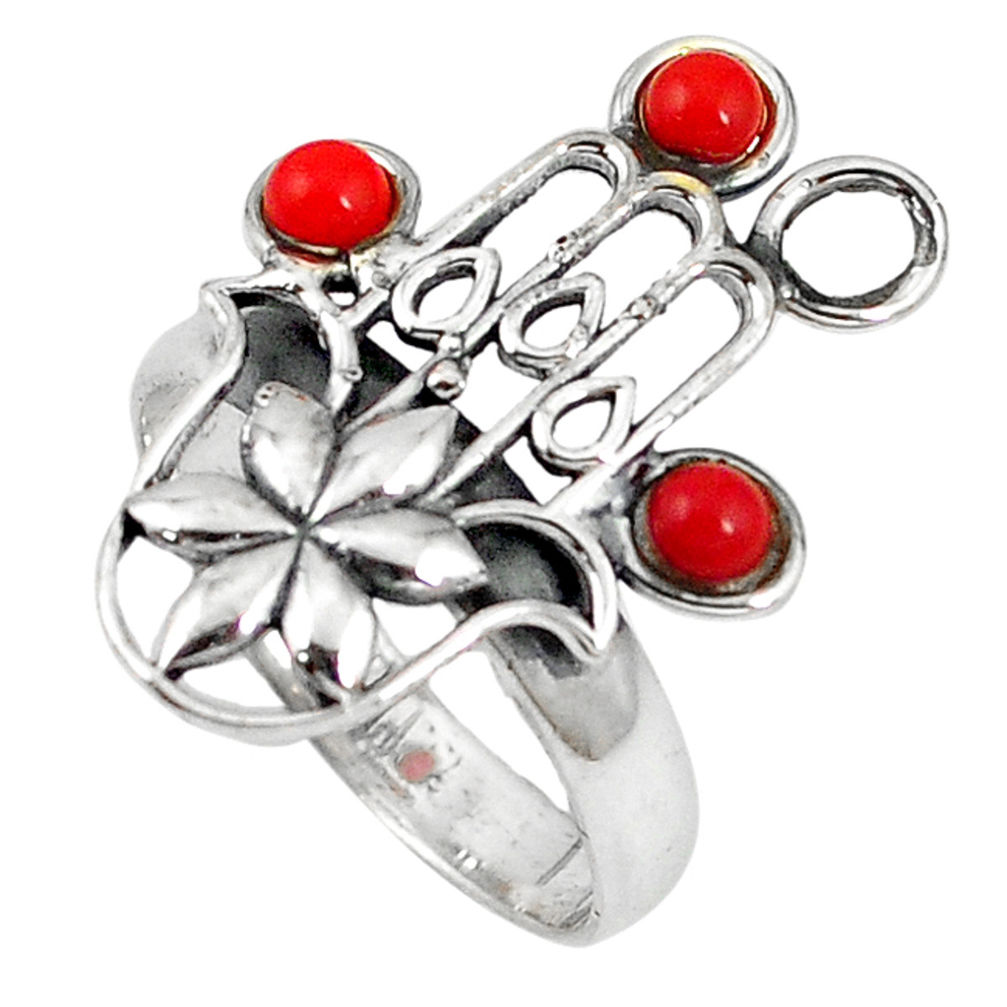 ver red coral round hand of god hamsa ring size 7.5 d7944