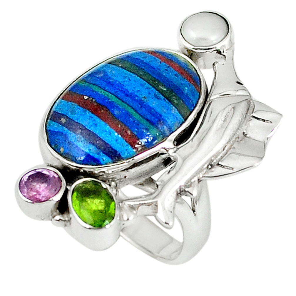 Natural multi color rainbow calsilica peridot 925 silver ring size 8 d8010