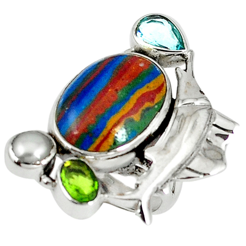 Natural multi color rainbow calsilica pearl 925 silver fish ring size 7 d8013