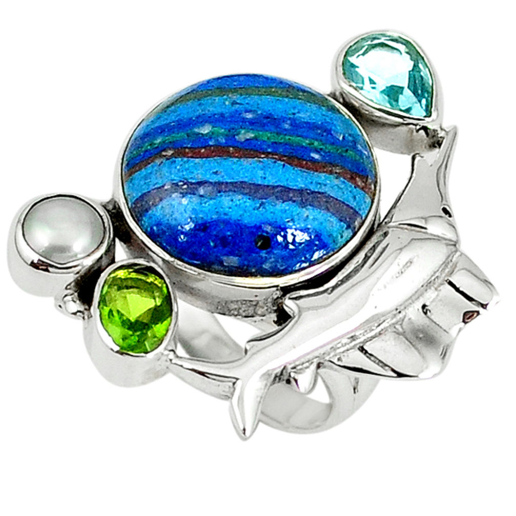 Natural multi color rainbow calsilica pearl 925 silver fish ring size 6 d8015