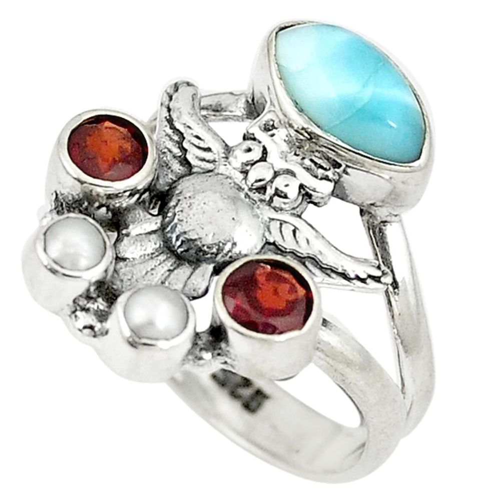 925 sterling silver natural blue larimar red garnet owl ring size 7 d9017