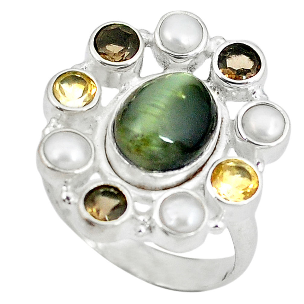 925 sterling silver green cat's eye smoky topaz pearl ring jewelry size 8 d9026