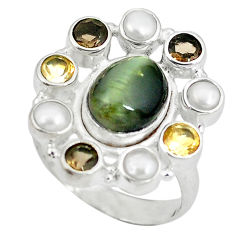Clearance Sale- 925 sterling silver green cat's eye smoky topaz pearl ring jewelry size 8 d9026