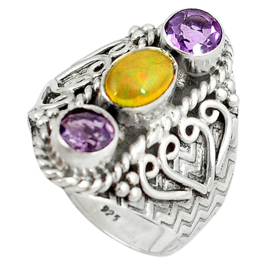 Natural multi color ethiopian opal amethyst 925 silver ring size 7 d9035
