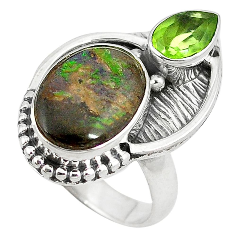 Natural multi color ammolite (canadian) peridot 925 silver ring size 7 d9038