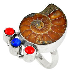 Natural brown ammonite fossil coral 925 silver ring size 9.5 d9076