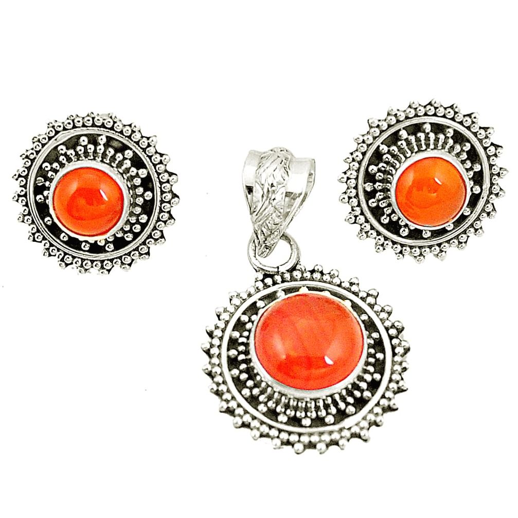 Natural orange cornelian (carnelian) 925 silver pendant earrings set d22312