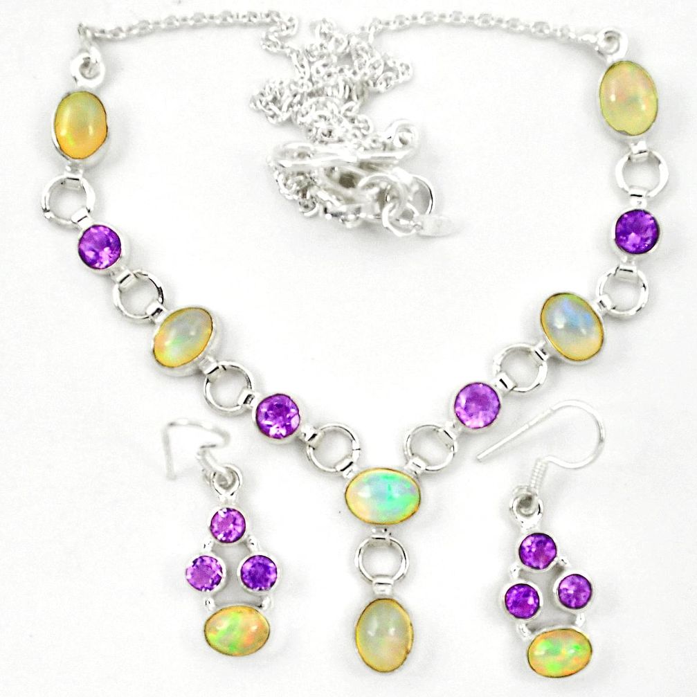 Natural ethiopian opal amethyst 925 silver earrings necklace set d23978