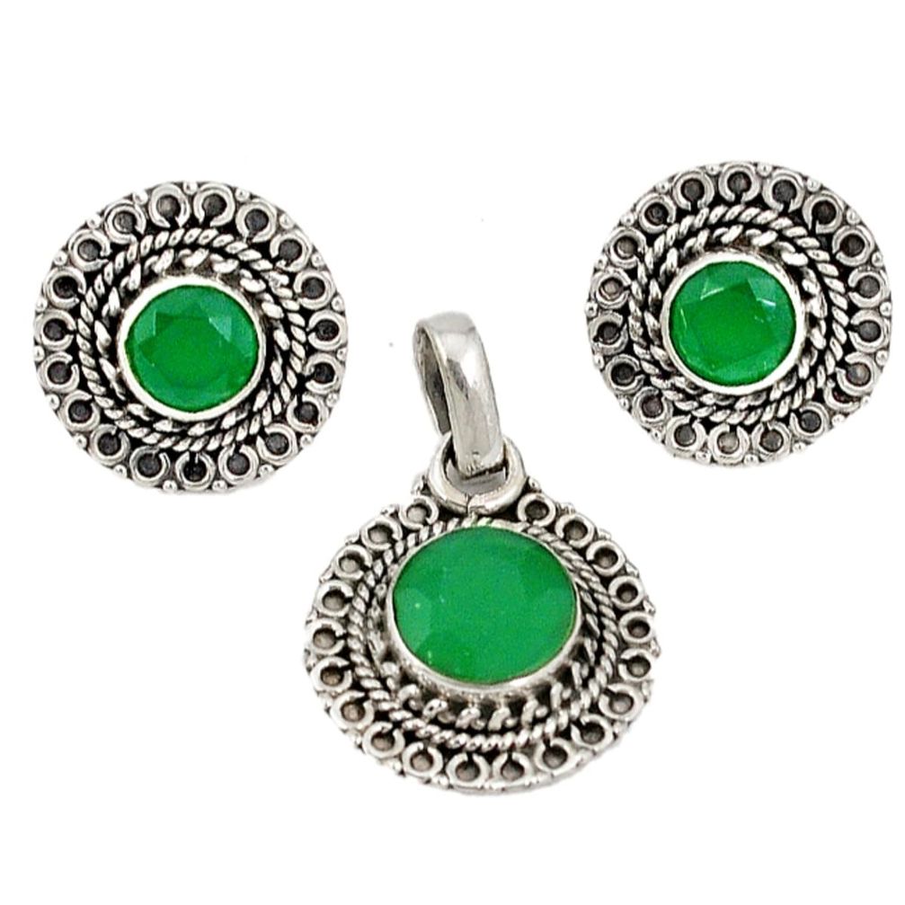 Natural green chalcedony 925 sterling silver pendant earrings set d4048