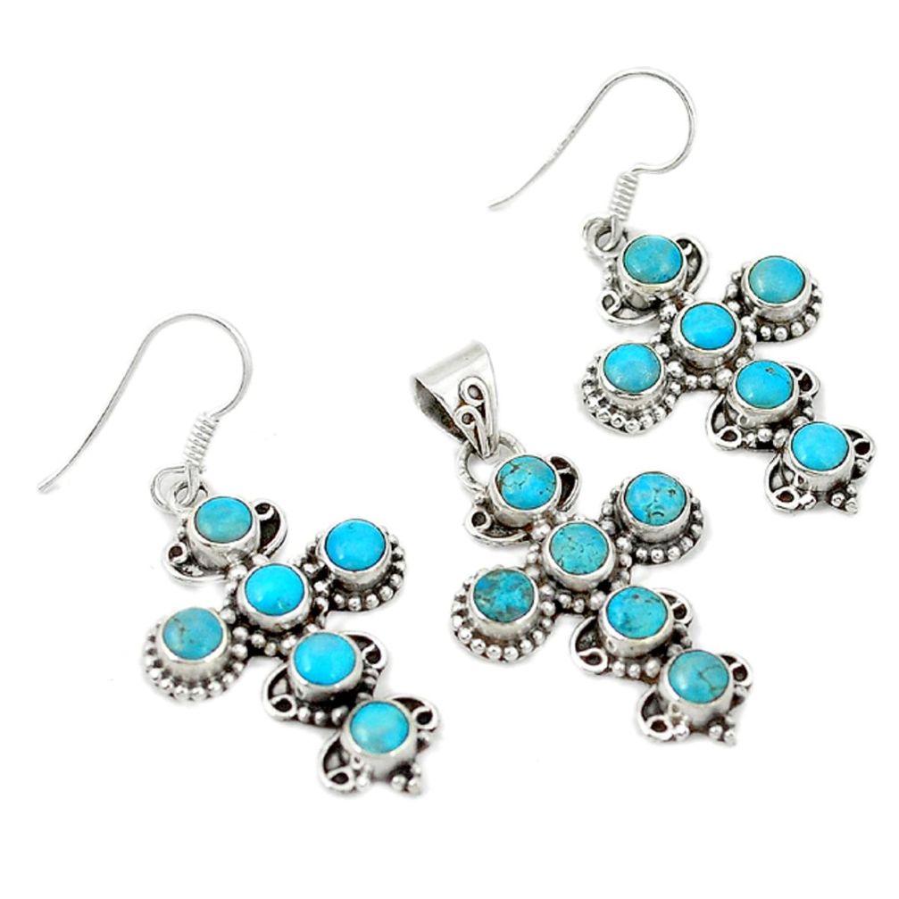 Blue sleeping beauty turquoise 925 silver cross pendant earrings set d4079