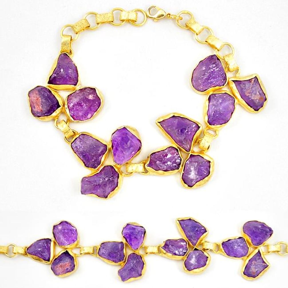 Natural purple amethyst rough 14K gold over brass handmadebracelet f2819