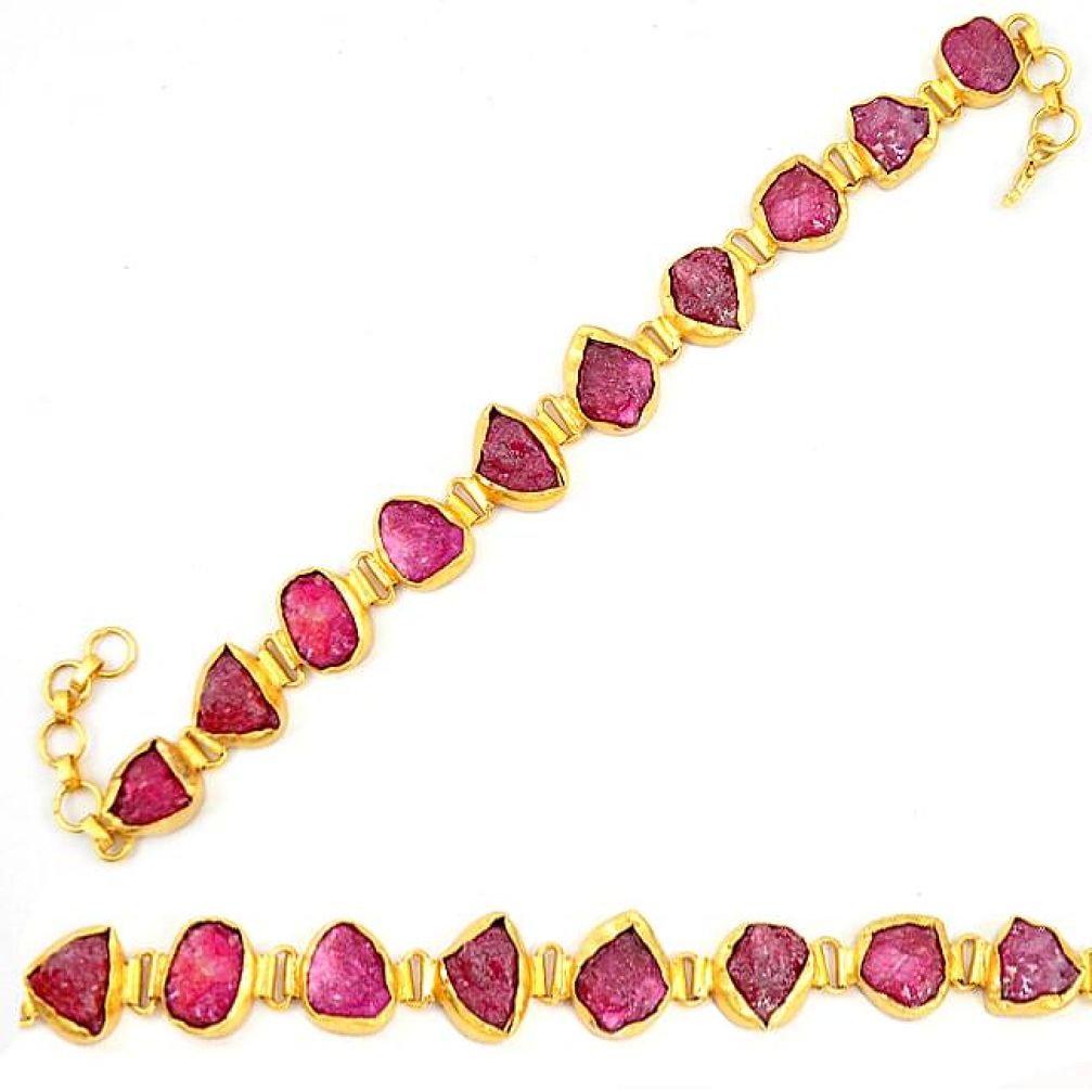 Natural pink ruby rough 14K gold over brass handmadetennis bracelet f2824