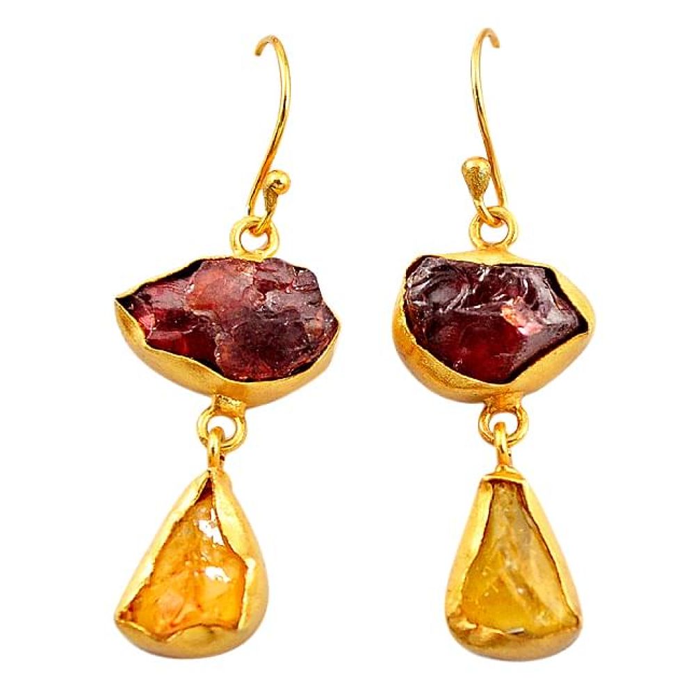 Natural red garnet rough 14K gold over brass handmade earrings f2321