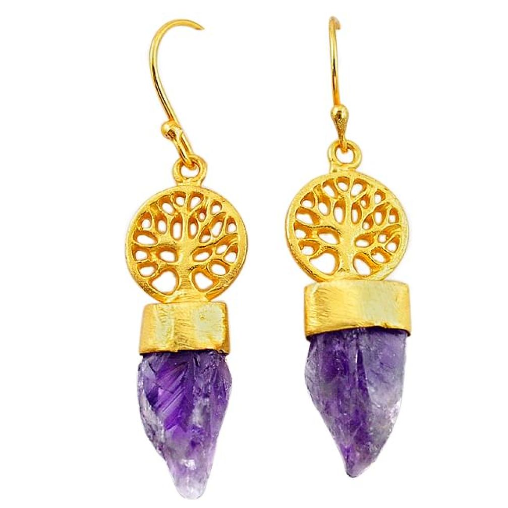 Natural purple amethyst rough 14K gold over brass handmade earrings f2343
