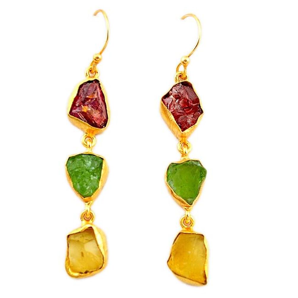 Natural green peridot rough 14K gold over brass handmade  earrings jewelry f2419