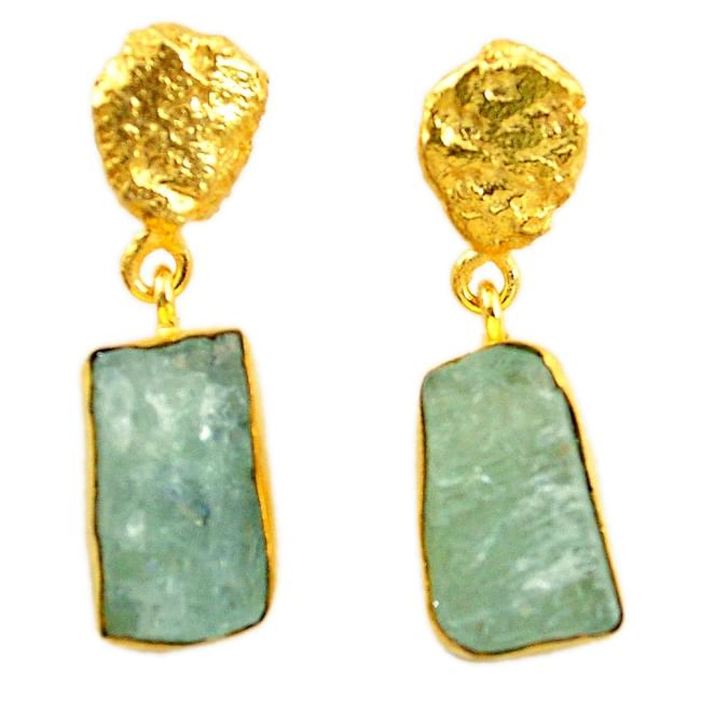 Natural aqua aquamarine rough 14K gold over brass handmade earrings f2422