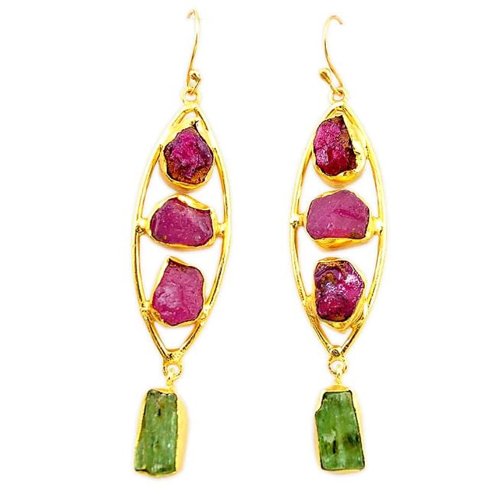 Natural pink ruby rough 14K gold over brass handmade earrings jewelry f2470