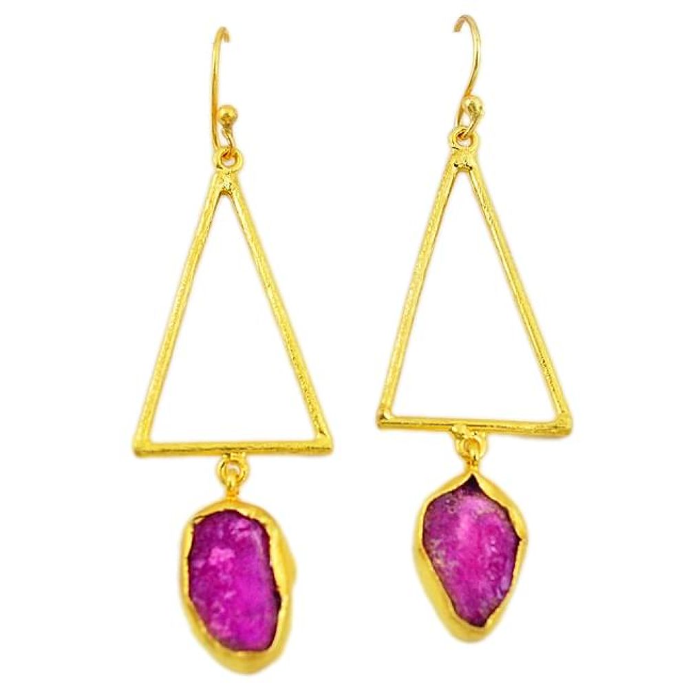 Pink ruby rough 14K gold over brass handmadedangle earrings healing crystals f2943