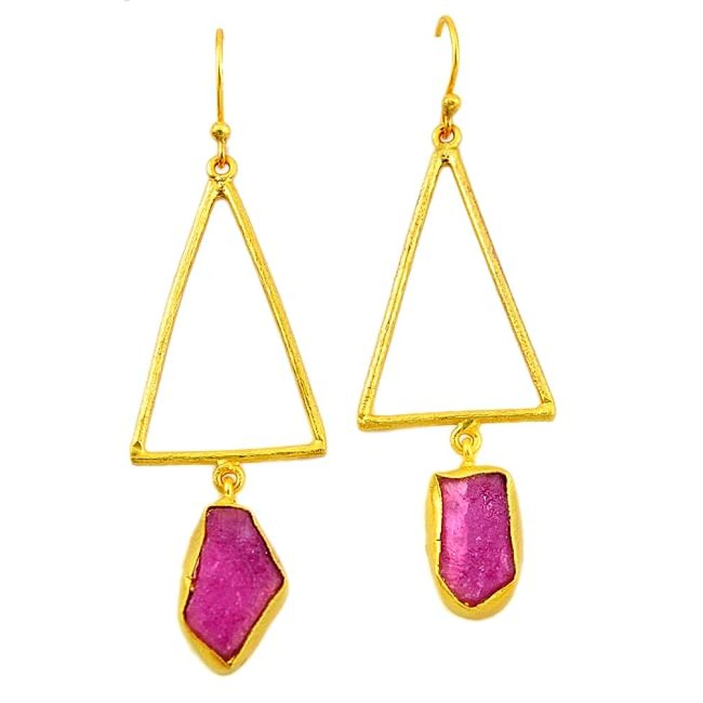 Natural pink ruby rough 14K gold over brass handmadedangle earrings healing crystals f2969