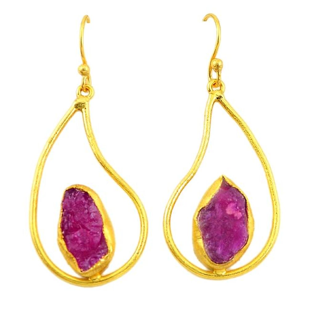 Natural pink ruby rough 14K gold over brass handmadedangle earrings f2977