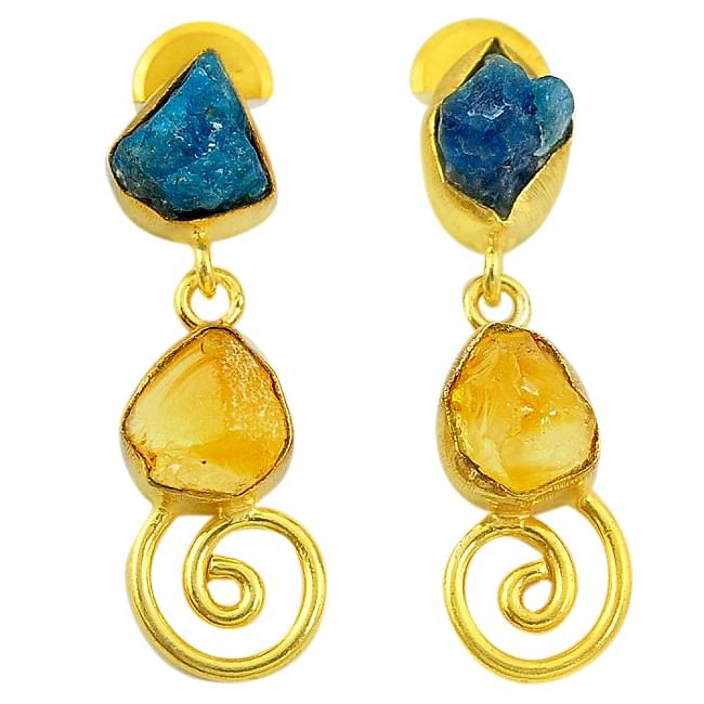 Blue apatite rough 14K gold over brass handmade dangle earrings jewelry f3041