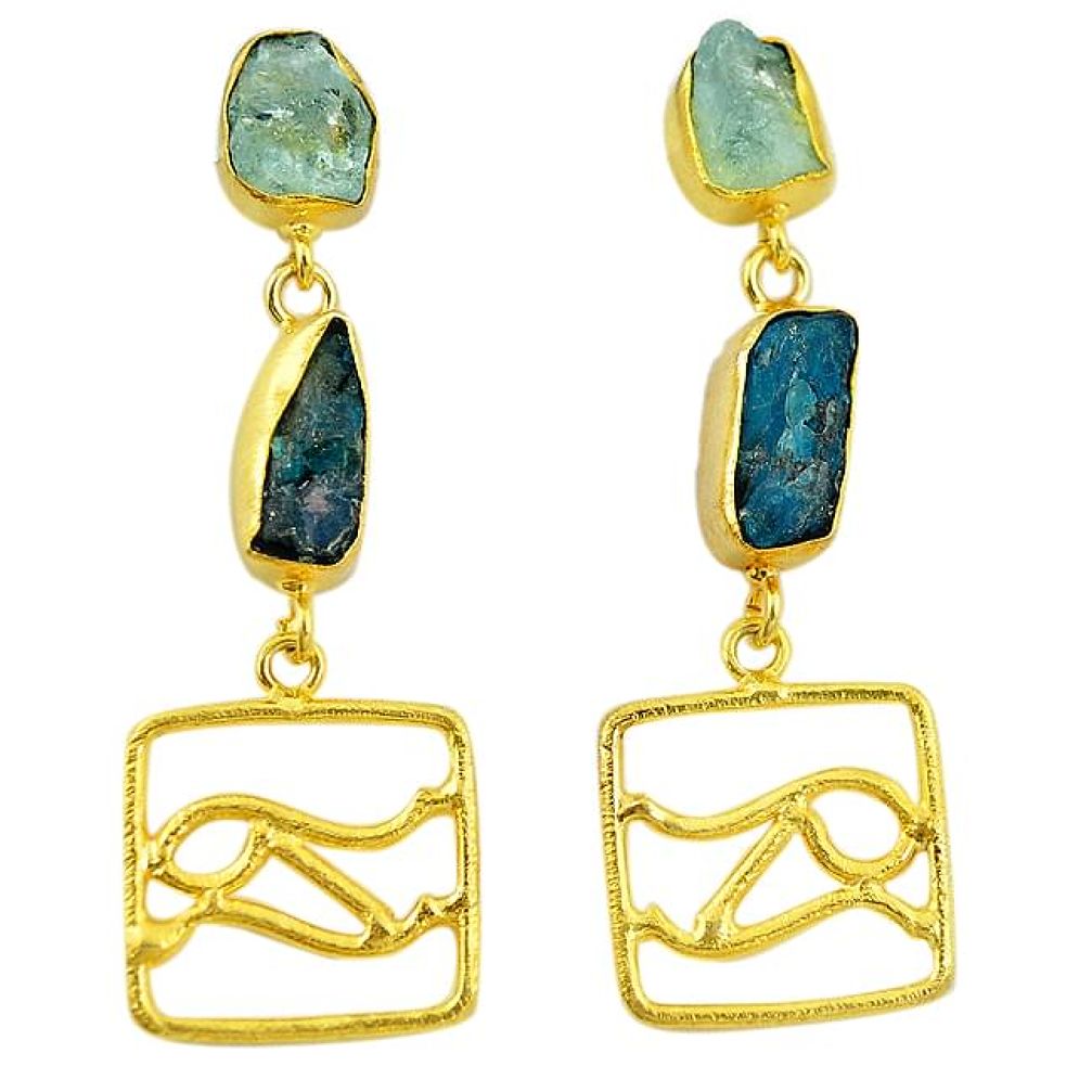 Blue apatite rough 14K gold over brass handmade dangle earrings f3046