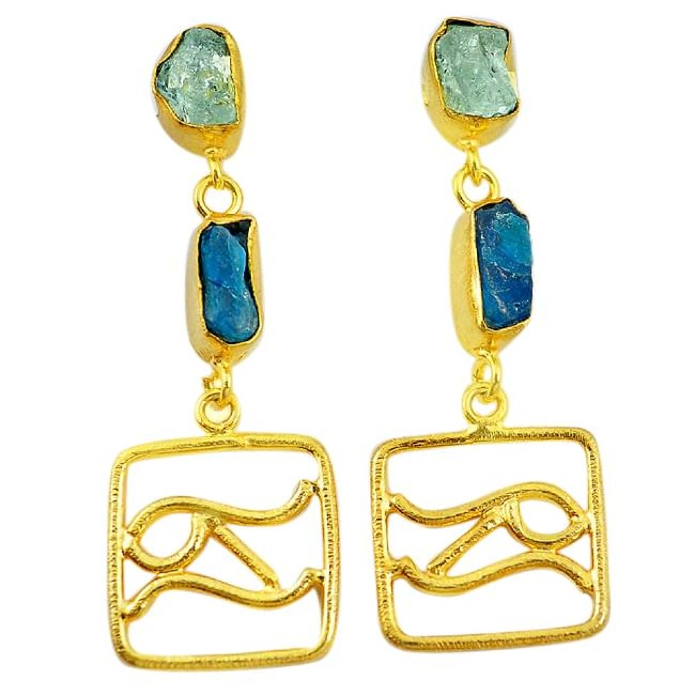 Blue apatite rough 14K gold over brass handmade dangle earrings jewelry f3050