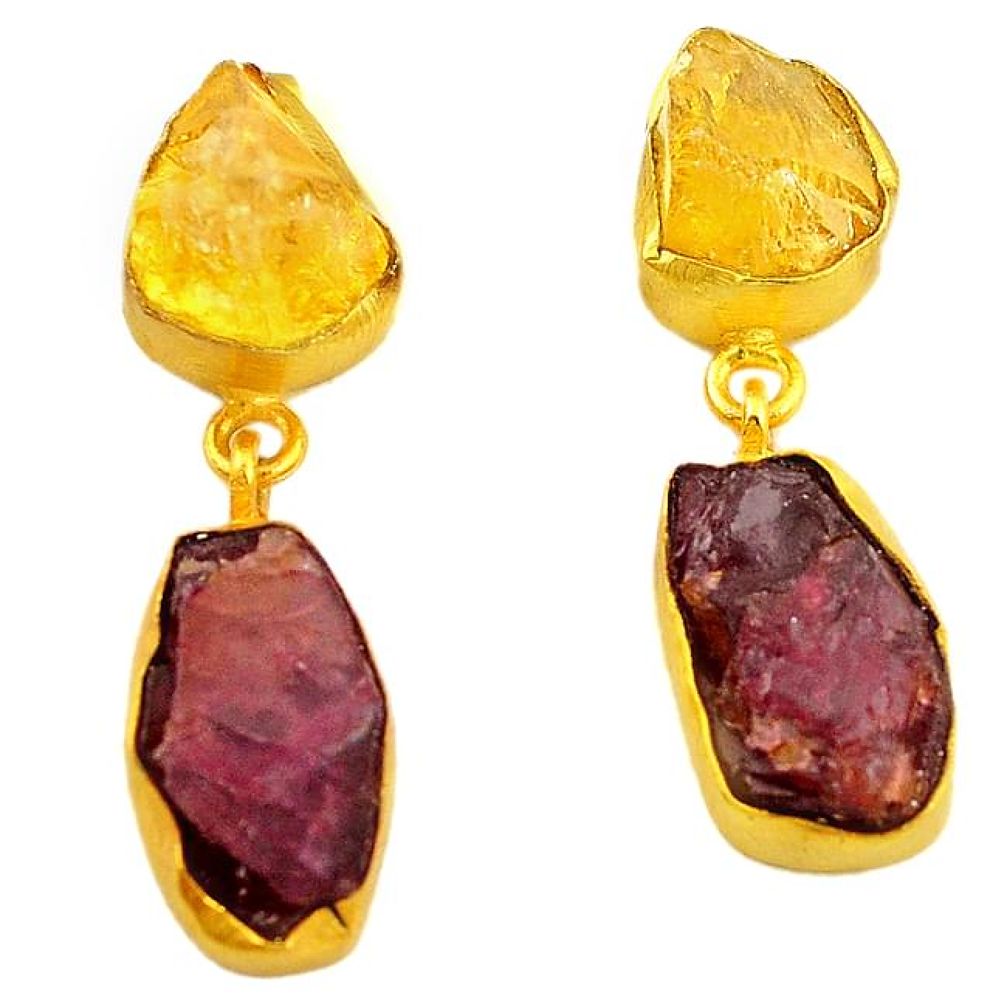 Natural red garnet rough 14K gold over brass handmade dangle earrings jewelry f3062