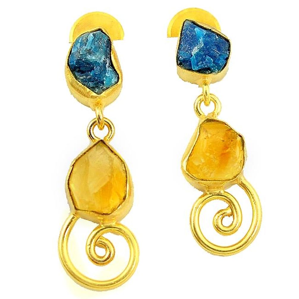 Blue apatite rough 14K gold over brass handmade dangle earrings f3066