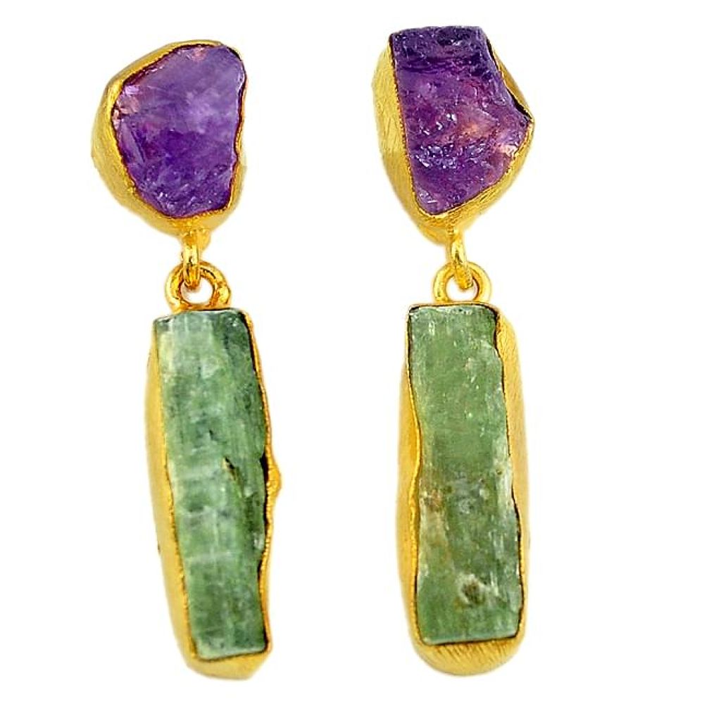 Natural green kyanite rough 14K gold over brass handmade dangle earrings jewelry f3070