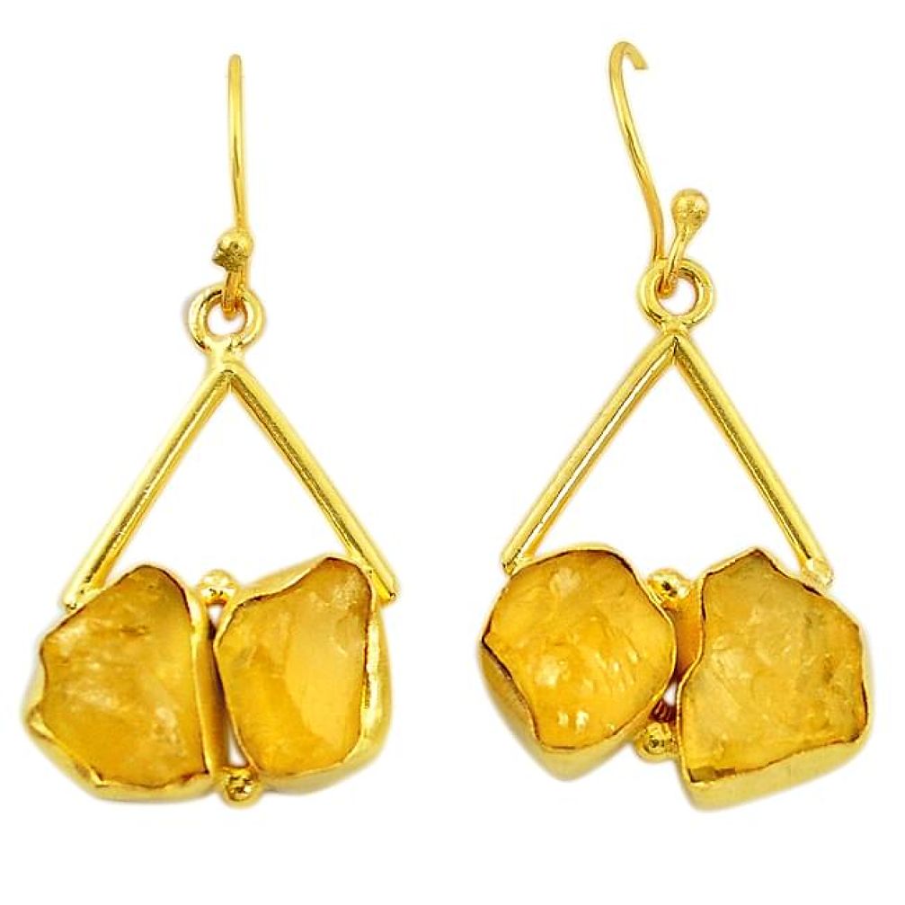 Yellow citrine rough 14K gold over brass handmade dangle earrings f3077
