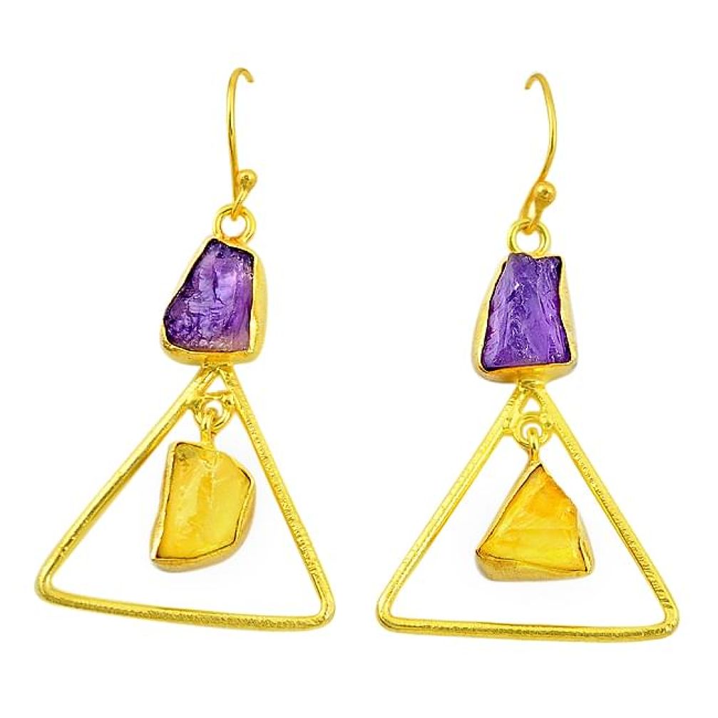 Natural purple amethyst rough 14K gold over brass handmade dangle earrings f3088