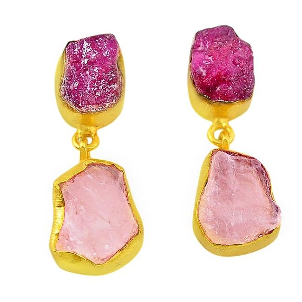 Natural pink ruby rough 14K gold over brass handmade dangle earrings f3090