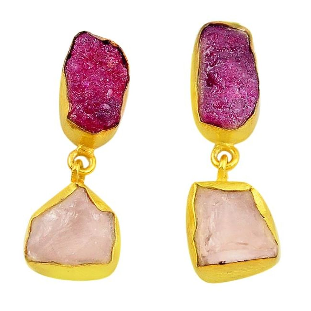 Natural pink ruby rough 14K gold over brass handmade dangle earrings f3092