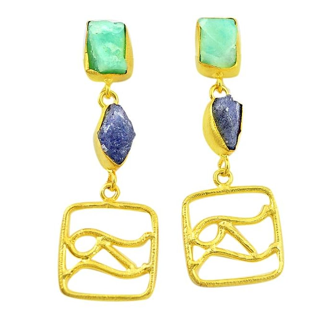 Natural blue amazonite rough 14K gold over brass handmade dangle earrings jewelry f3100