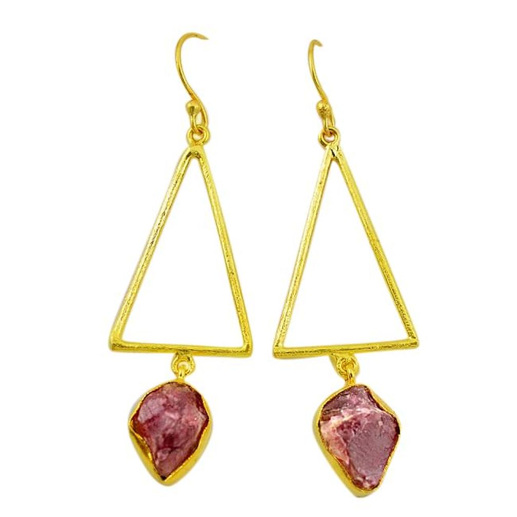 Natural red garnet rough 14K gold over brass handmade dangle earrings f3101