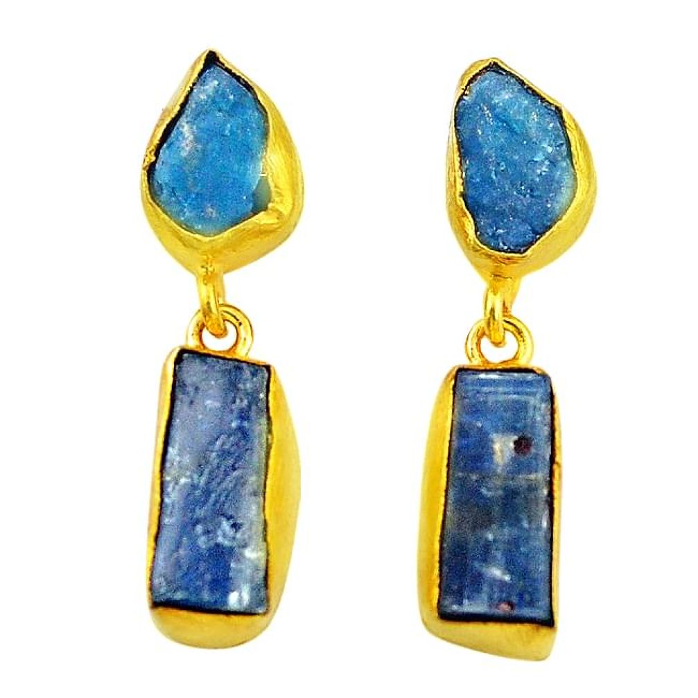 Blue apatite rough 14K gold over brass handmade dangle earrings jewelry f3115