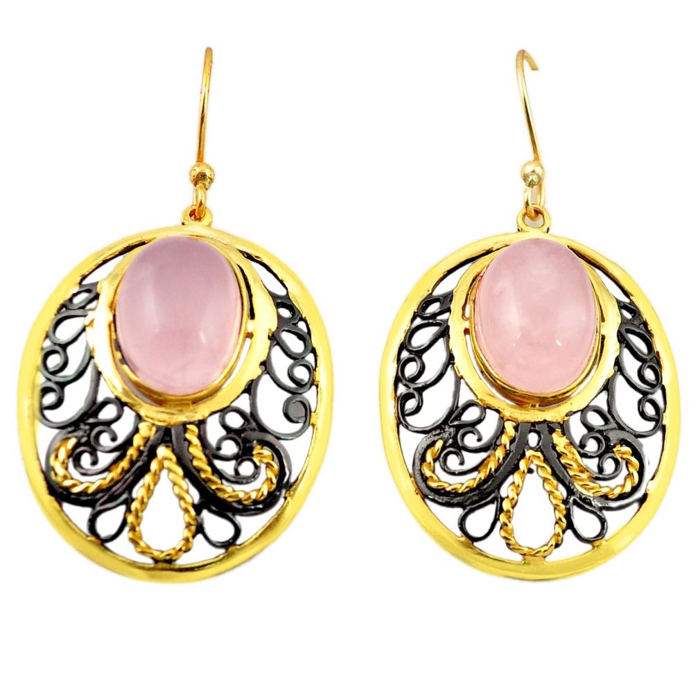 Natural pink rose quartz rhodium 14K gold over brass handmade  dangle earrings f4096