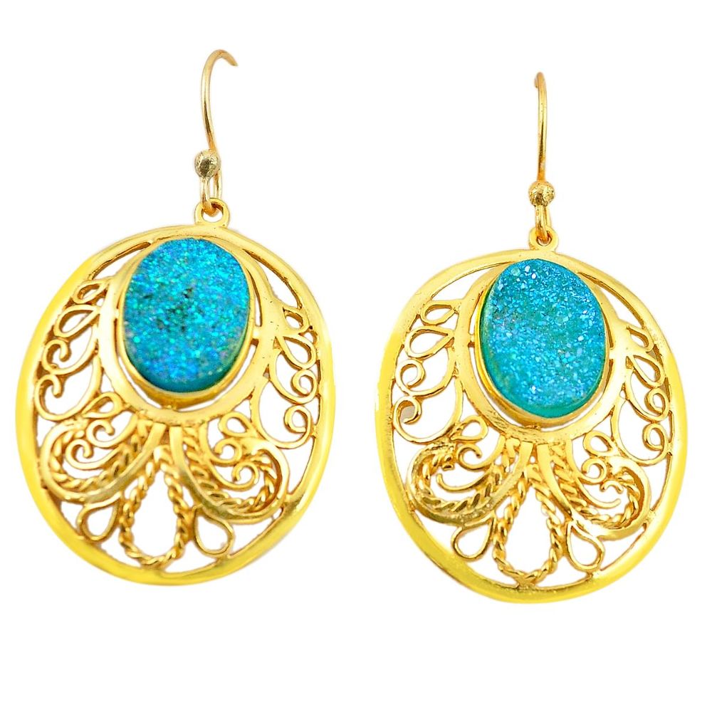 Aqua druzy 14K gold over brass handmade  dangle earrings jewelry f4120